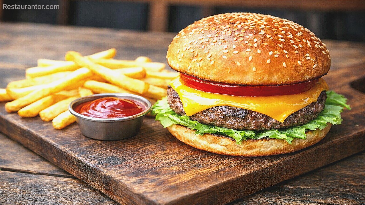 Cheeseburger with lettuce, tomato, and melted cheddar on a sesame bun, served with fries and ketchup