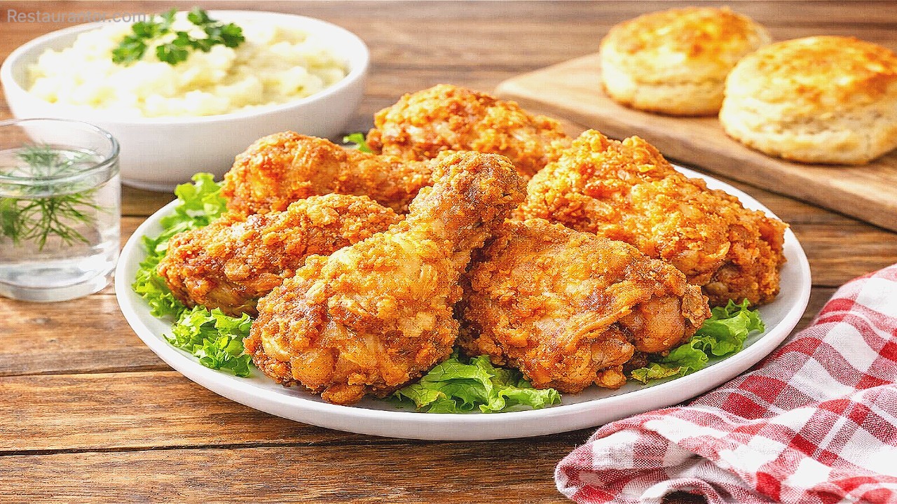 Crispy fried chicken pieces on a plate with lettuce, while mashed potatoes and biscuits in the background