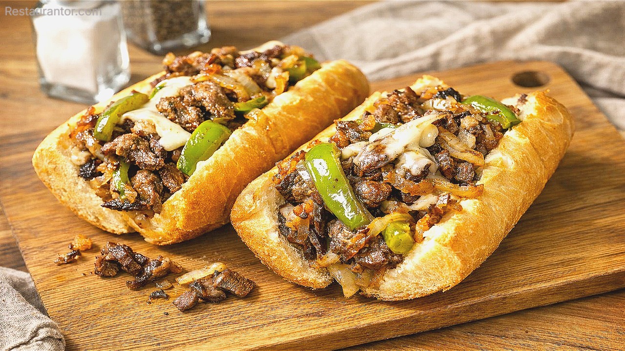 Two Philly cheesesteak sandwiches with chopped beef, melted cheese, onions, and green peppers on a cutting board